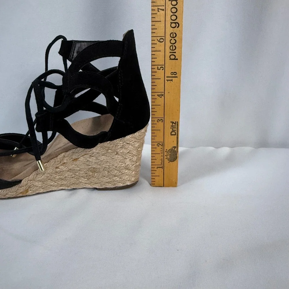 Vionic Calypso Black Suede Espadrille Wedge‎ Sandals Lace Up Cap Toe Women's 7.5